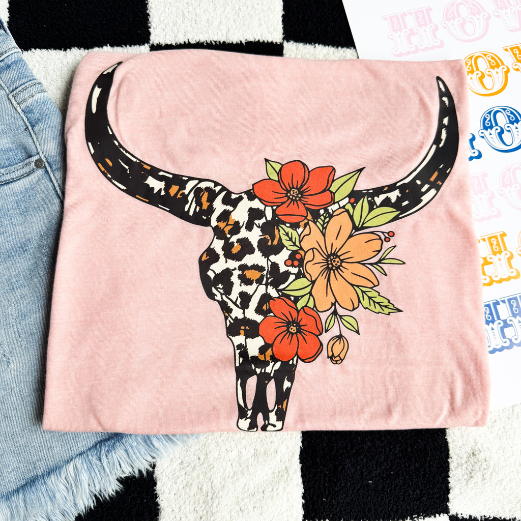 Peach Leopard Bullskull Graphic Tee