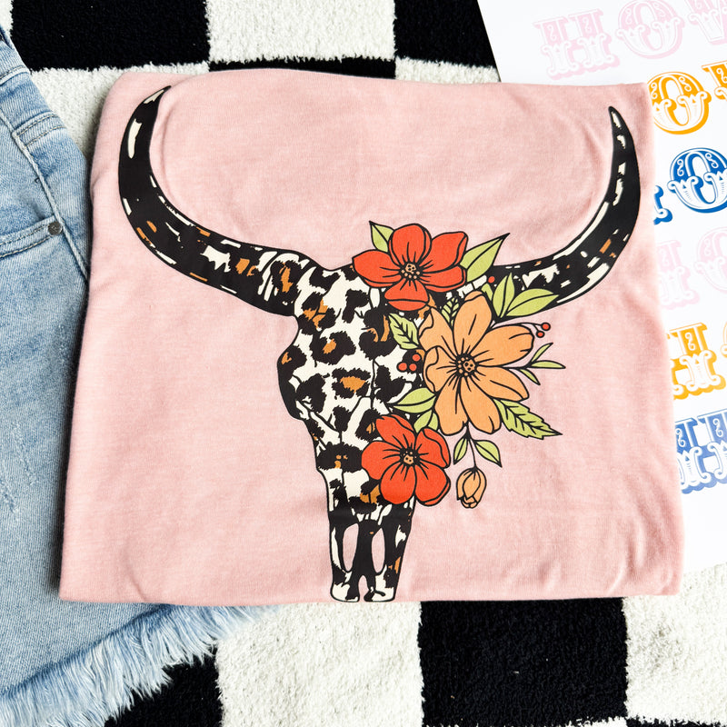 Peach Leopard Bullskull Graphic Tee