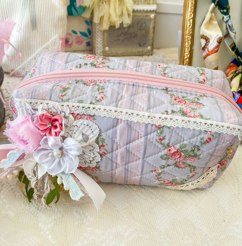 Creations By Kim - Vintage Romance Floral Mini Adorned Makeup Bag One of A Kind