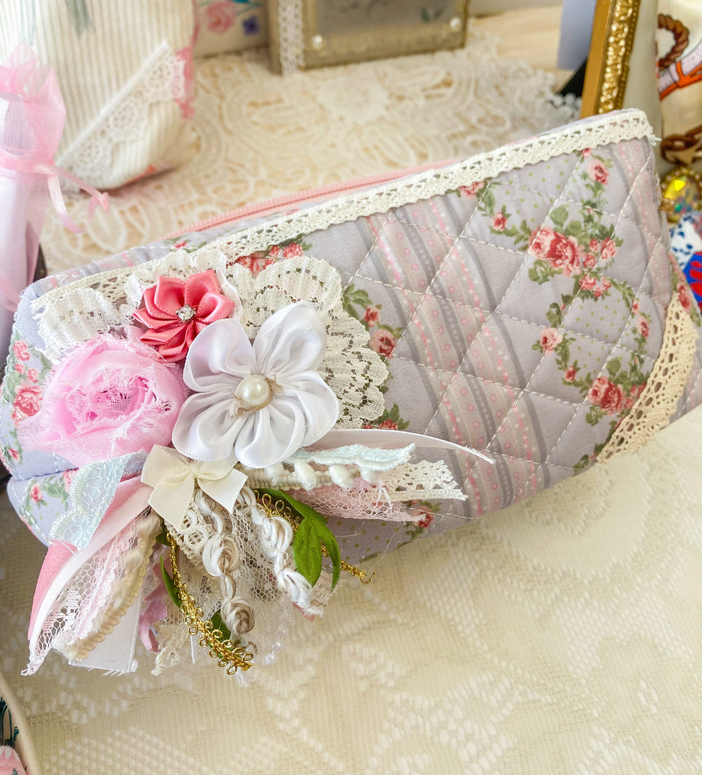 Creations By Kim - Vintage Romance Floral Mini Adorned Makeup Bag One of A Kind