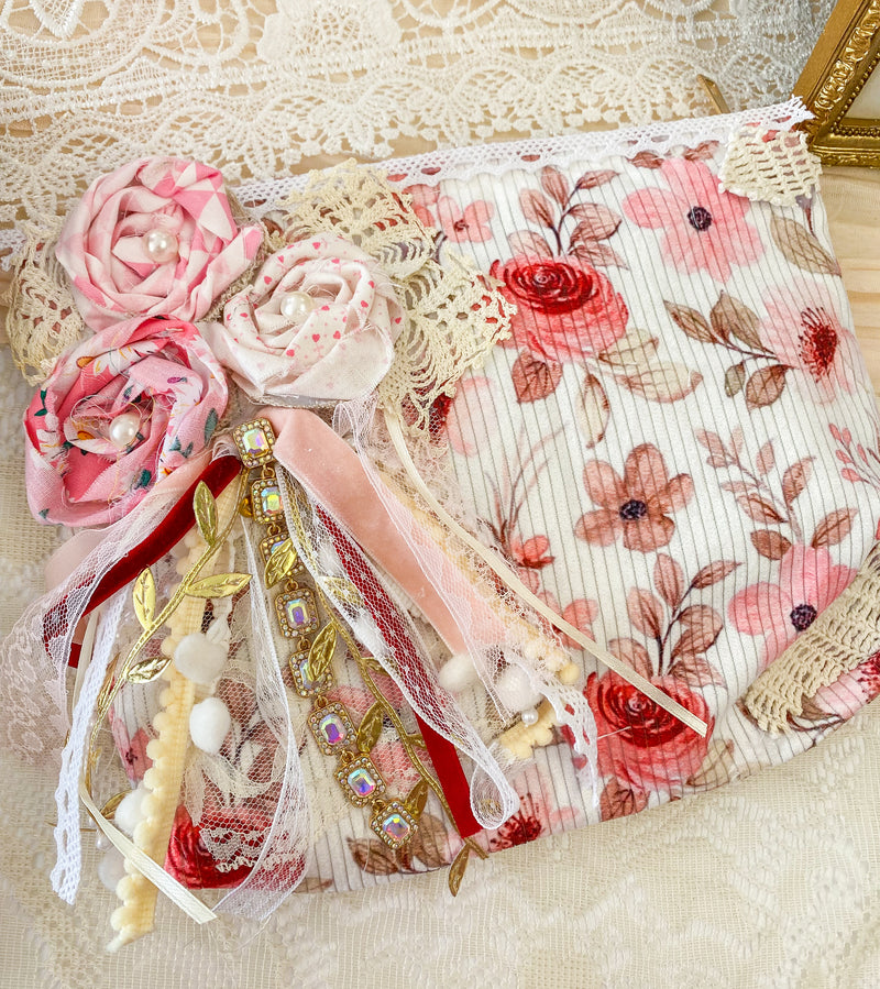 Creations By Kim - Rose Garden Floral Adorned Makeup Bag One of A Kind