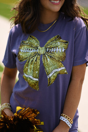 Gold Faux Glitter Football Bow Tee on Purple