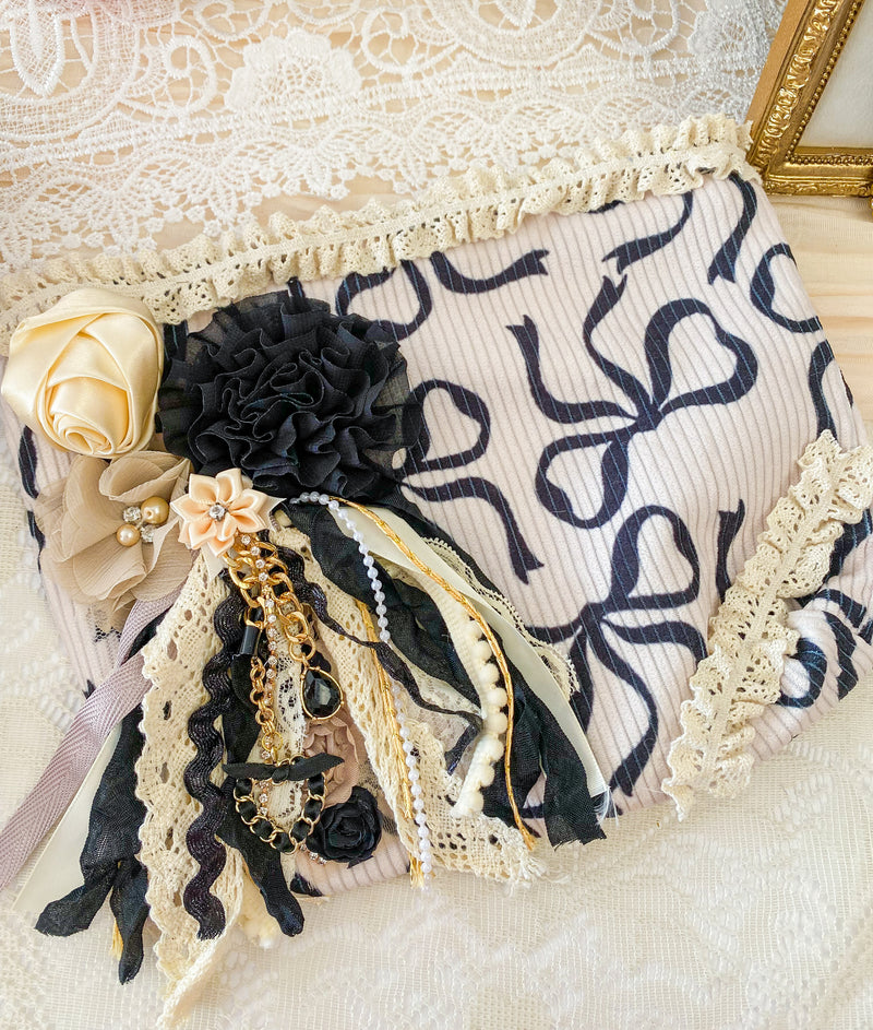 Creations By Kim - Boujee Bling Black Bows Adorned Makeup Bag One of A Kind