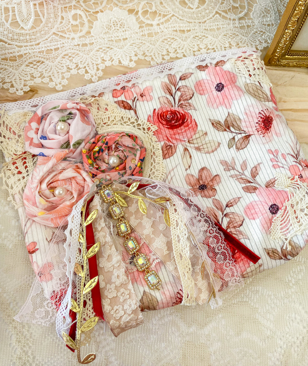 Creations By Kim - Mauve Meadow Floral Adorned Makeup Bag One of A Kind