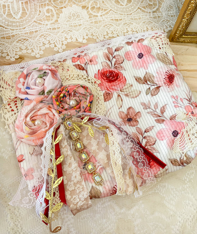 Creations By Kim - Mauve Meadow Floral Adorned Makeup Bag One of A Kind