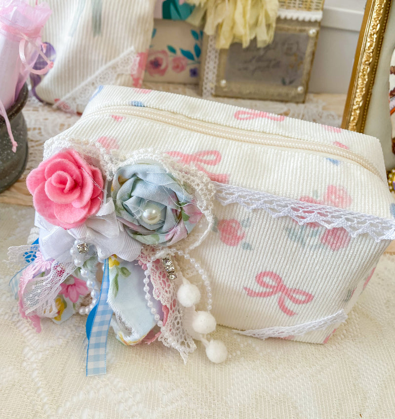 Creations By Kim - Tea Party Bows Mini Adorned Makeup Bag One of A Kind