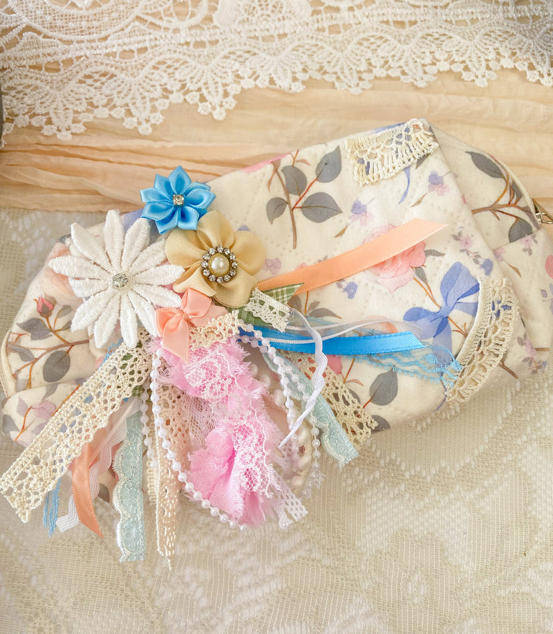 Creations By Kim - Sunday Morning Floral Bows Mini Adorned Makeup Bag One of A Kind