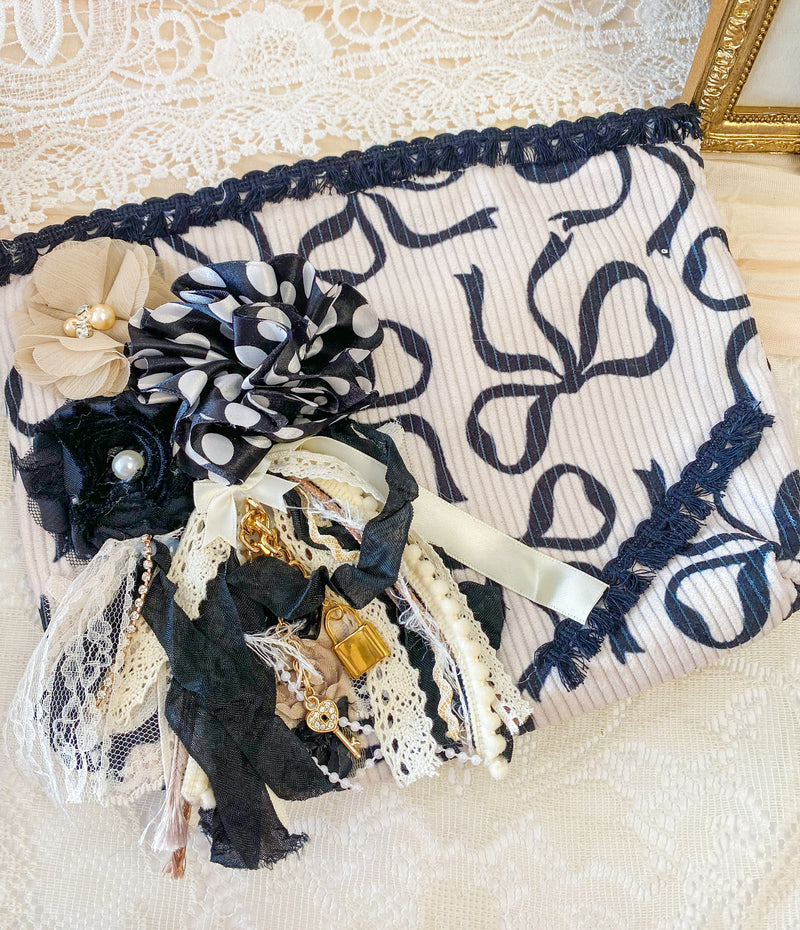 Creations By Kim - Bling Polka Dot Black Bows Adorned Makeup Bag One of A Kind