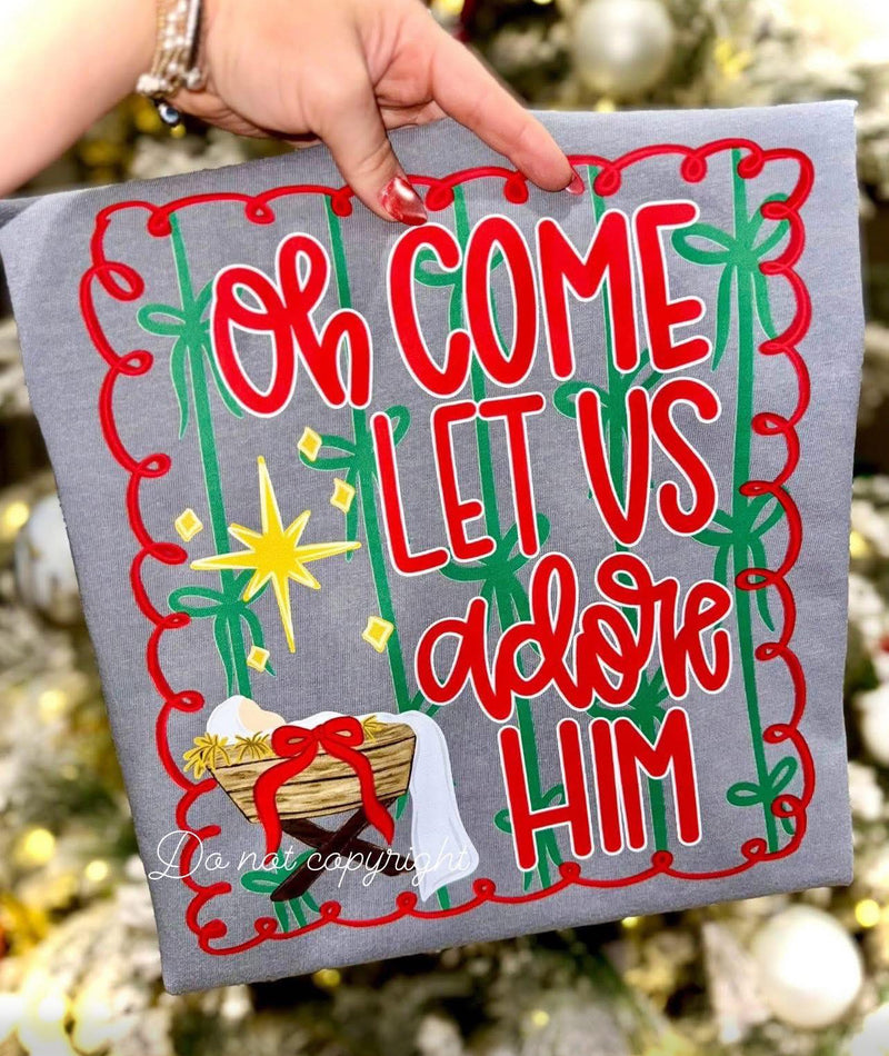 Oh Come Let Us Adore Him Bow Nativity Tee