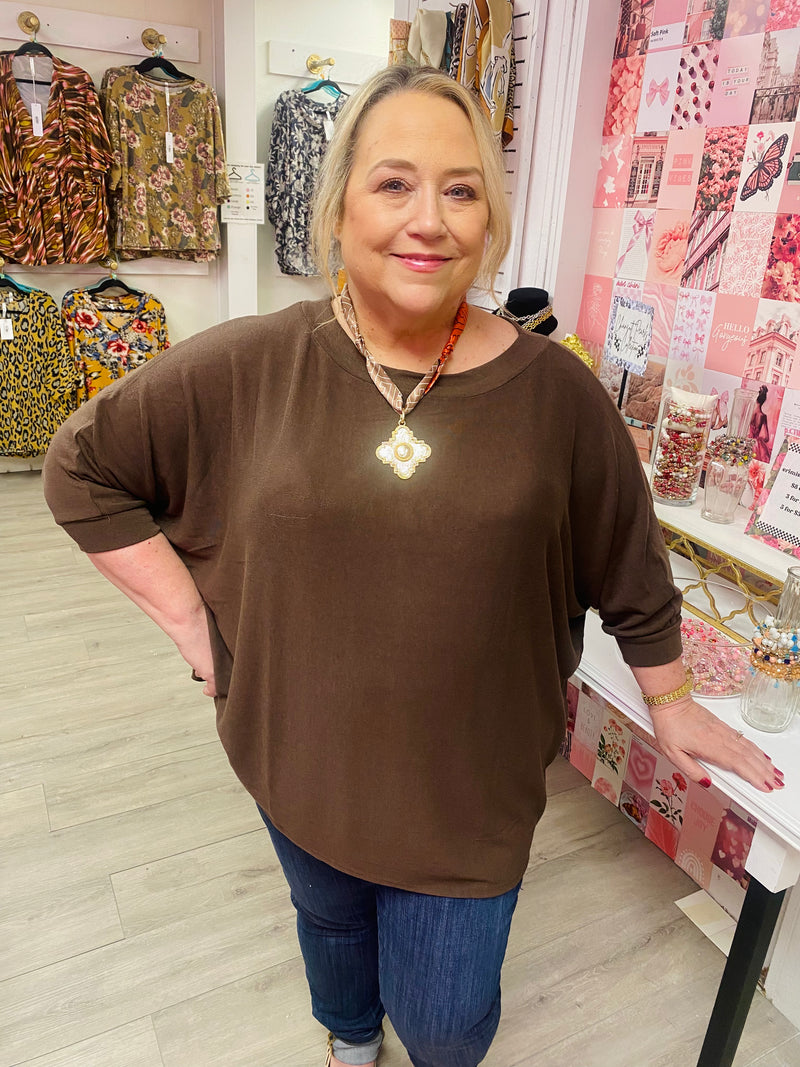 Ready to Relax - Chocolate - Relaxed Dolman Hacci Top