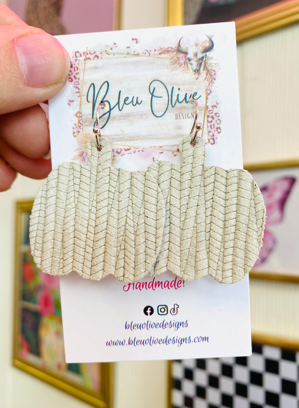 Cream Pumpkin Faux Leather Bleu Olive Handmade Earrings