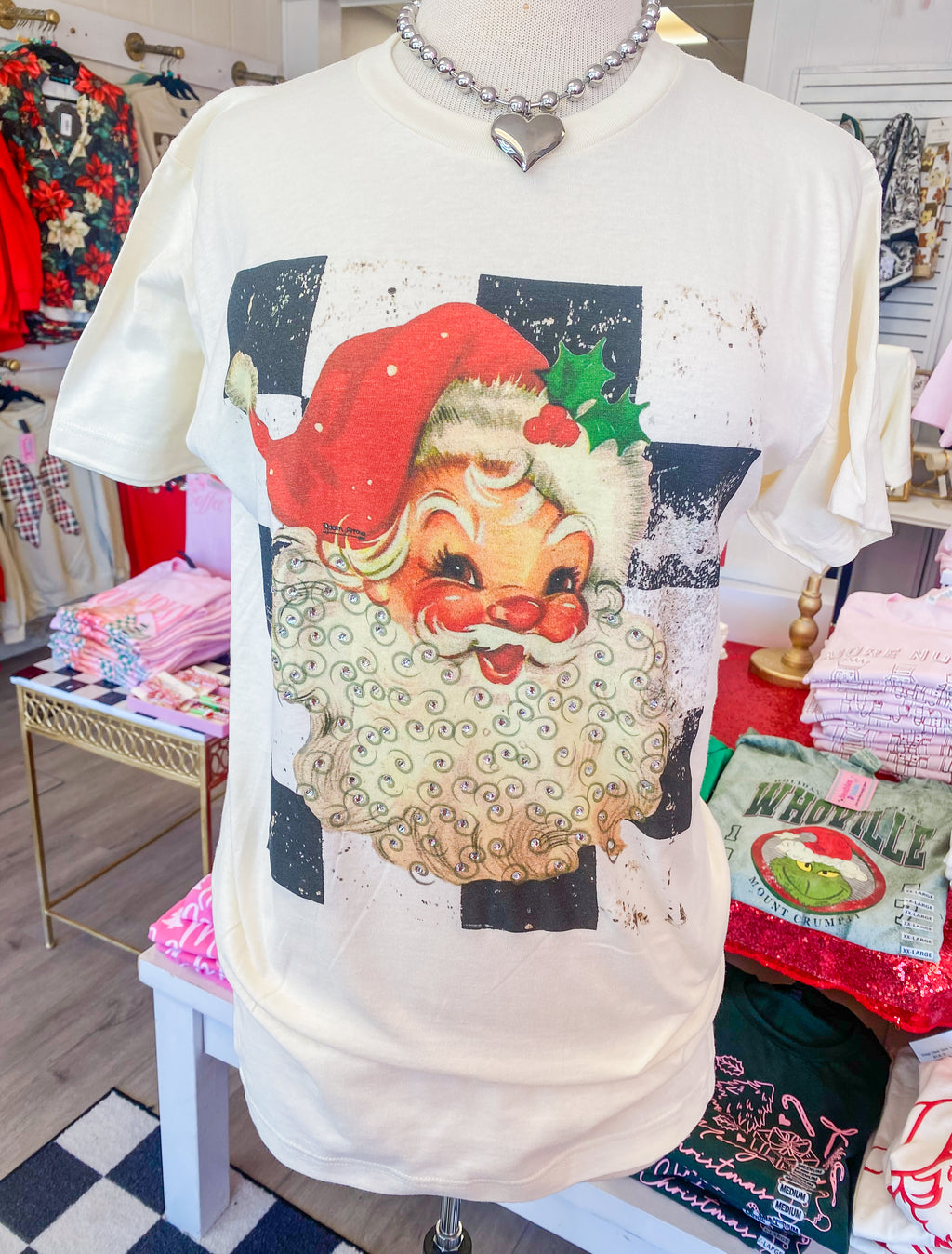 Blingin' Santa Retro Check Natural Tee
