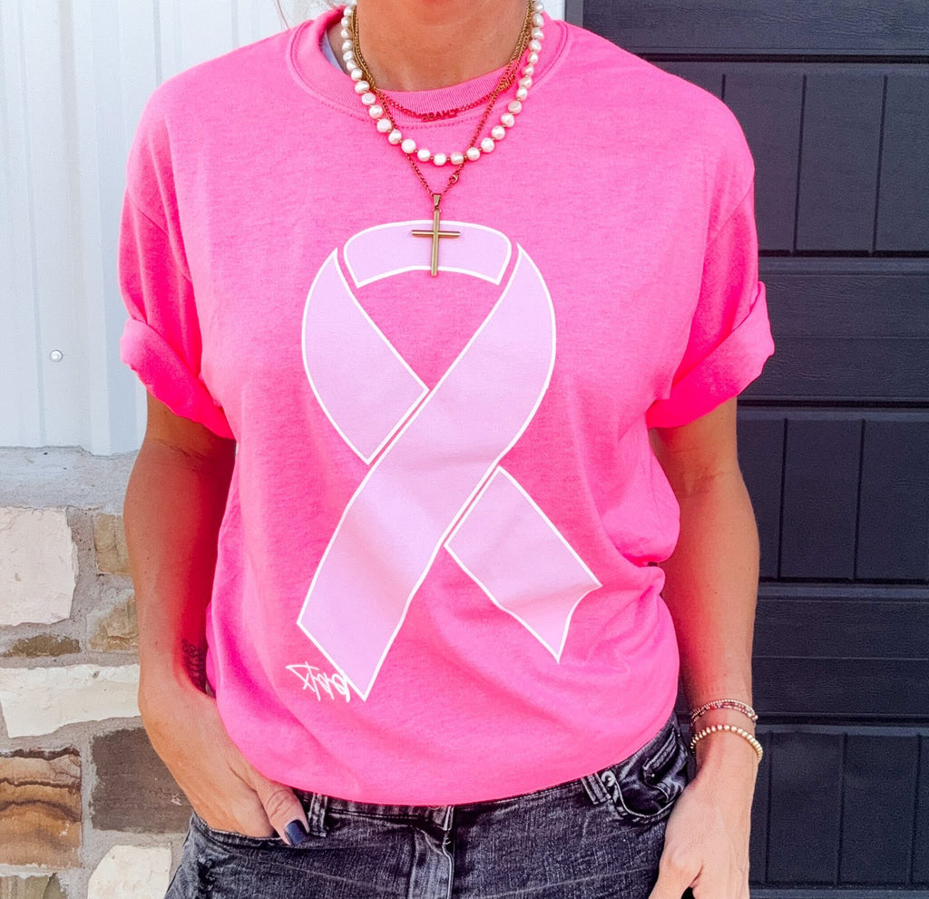 Neon Pink Breast Cancer Ribbon Tee