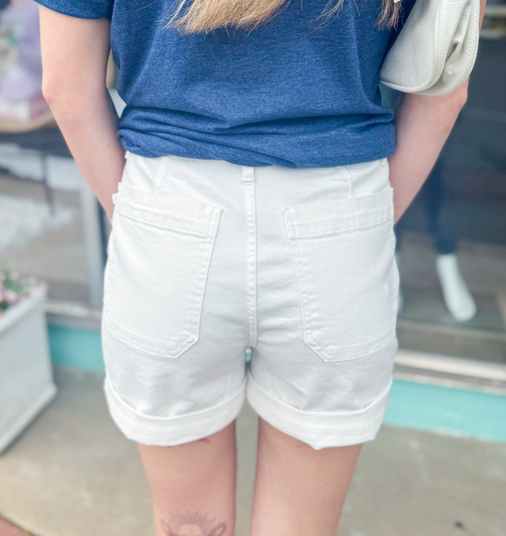 Delilah - White HW Cuff Jogger Judy Blue Shorts