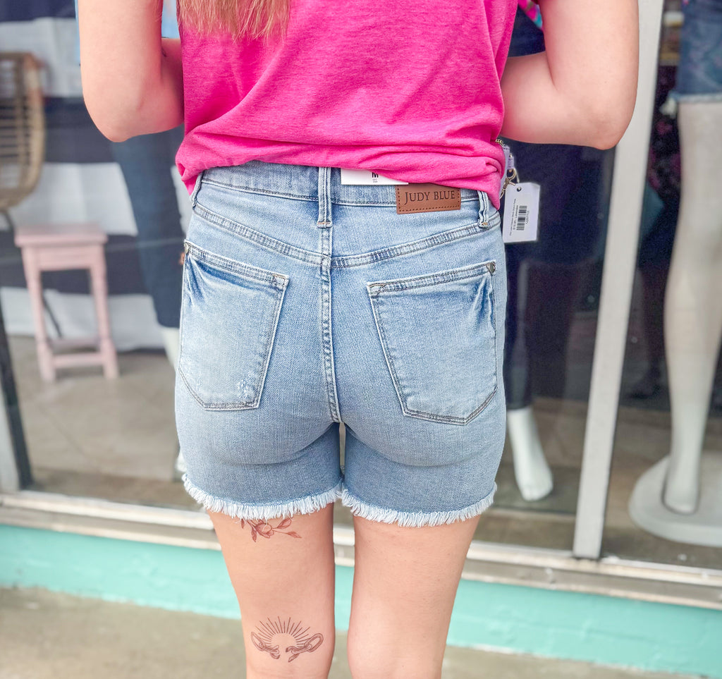 Kendall - Tummy Control Light Wash HW Frayed Hem Judy Blue Shorts