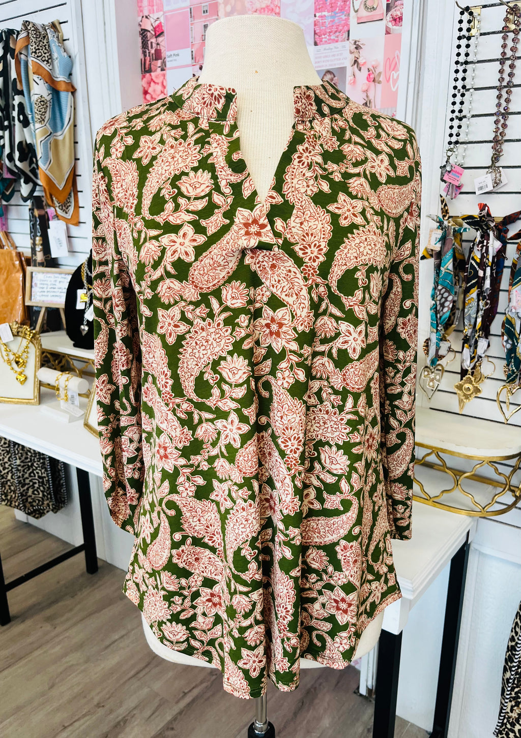 Only You Olive & Pink Paisley Lizzy 3/4 Top