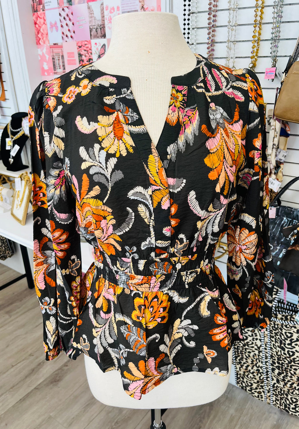 Take The Journey Faux Embroidered Floral Black Peplum Top