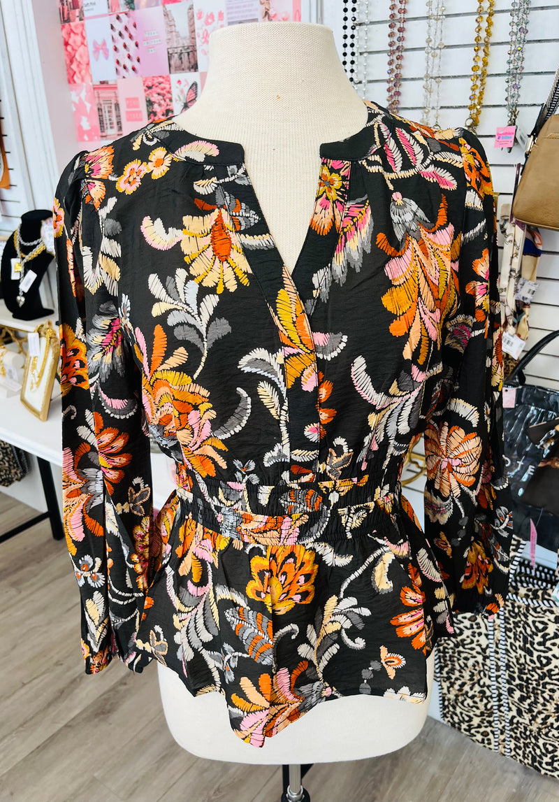 Take The Journey Faux Embroidered Floral Black Peplum Top