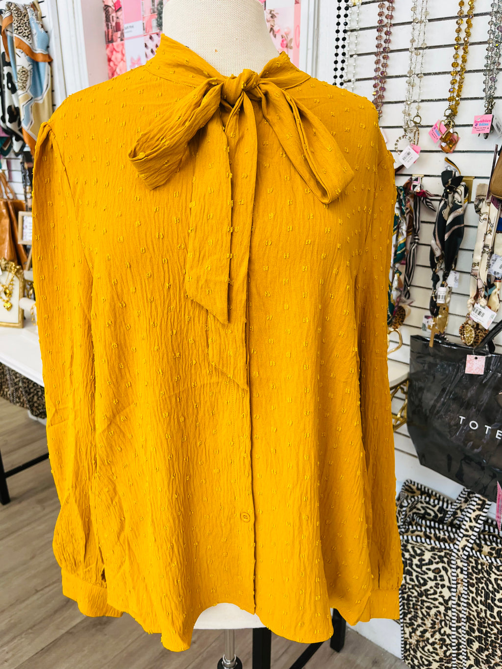 Business Babe Mustard Long Sleeve Front Tie Top