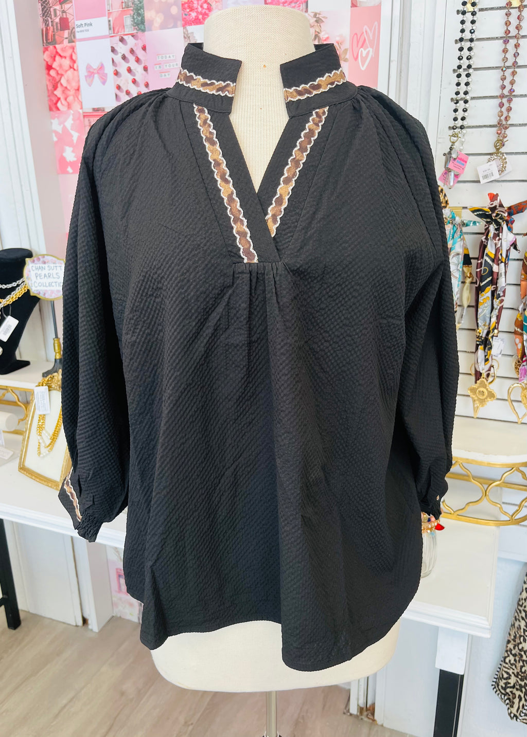 So Into You Long Sleeve Black Ric Rac Accent Top