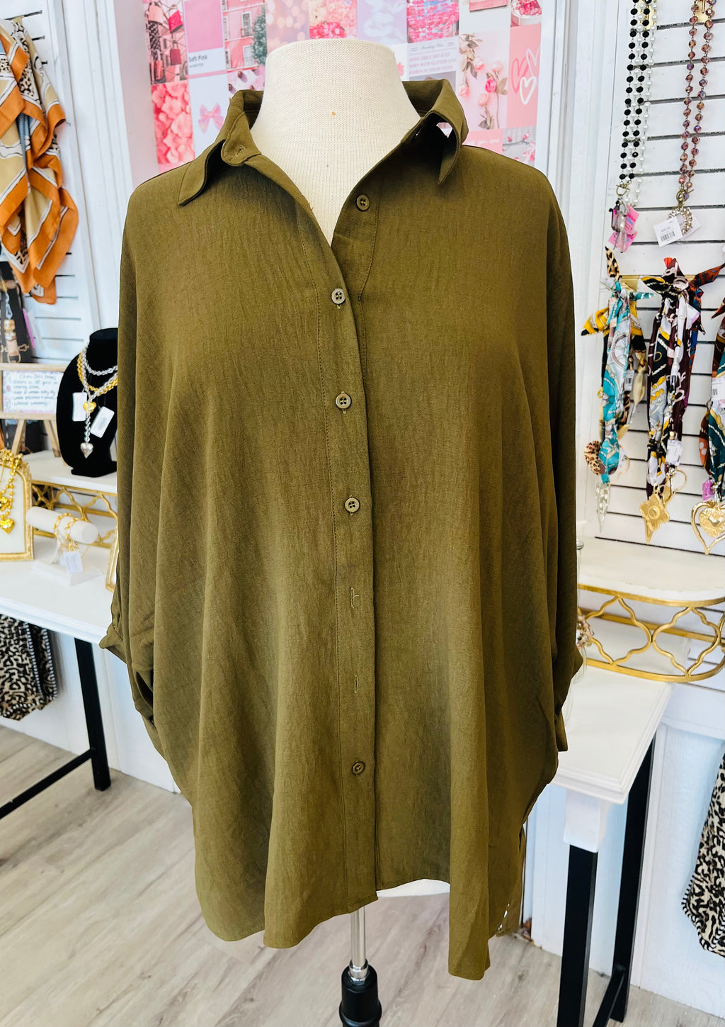 The Sloane Olive Oversized Button Up Top - Jess Lea