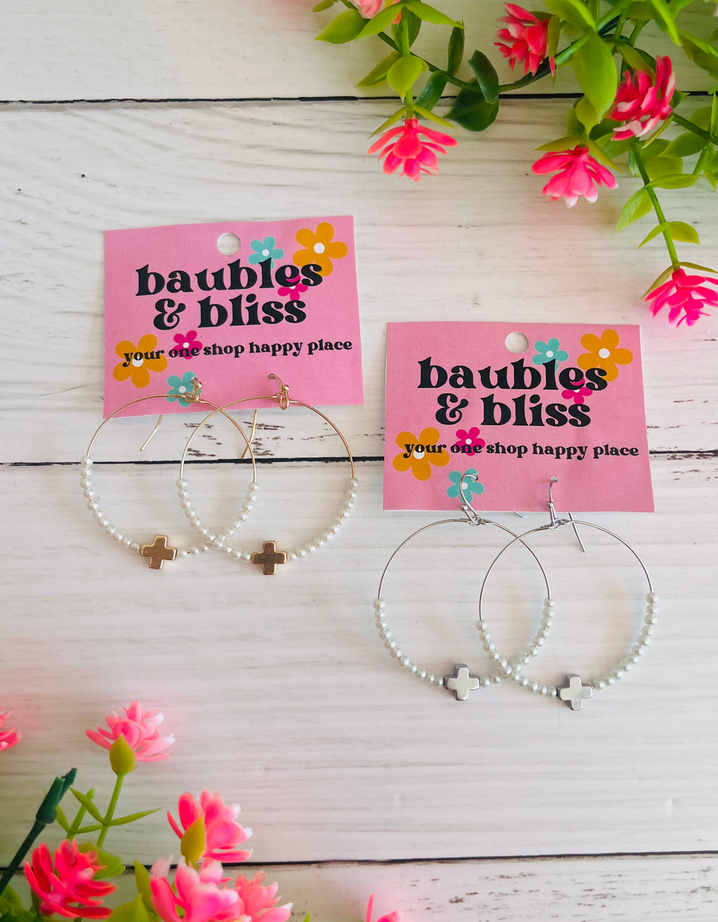 Sweet Grace Pearl Dainty Cross Circle Earrings