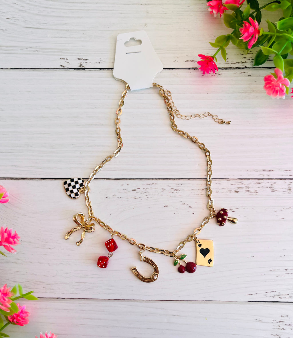 Poker Face Red Accent Charm Necklace