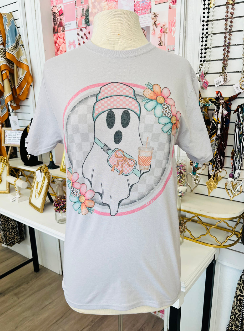 Pumpkin Spice Ghost Girlie Gray Tee