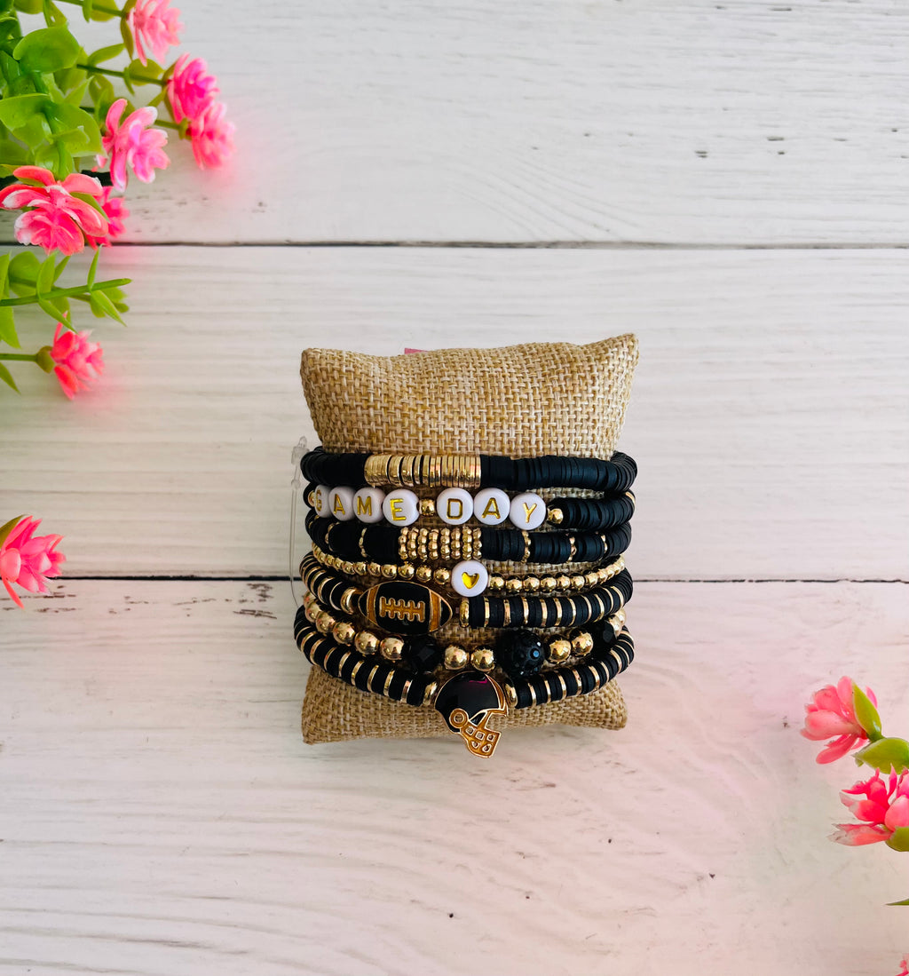 Gameday Black & Gold Beaded Bracelet Stack