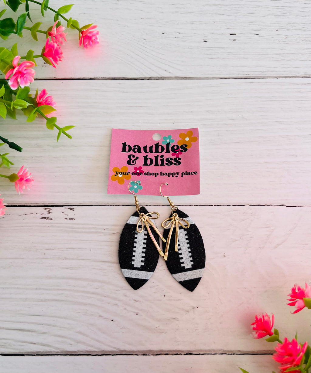 Glitter Black Footballs w/ Bows Earrings