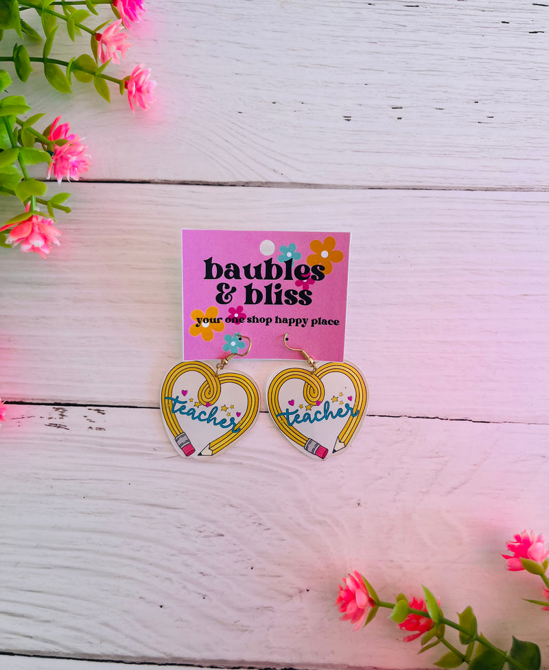 Teacher Pencil Heart Earrings