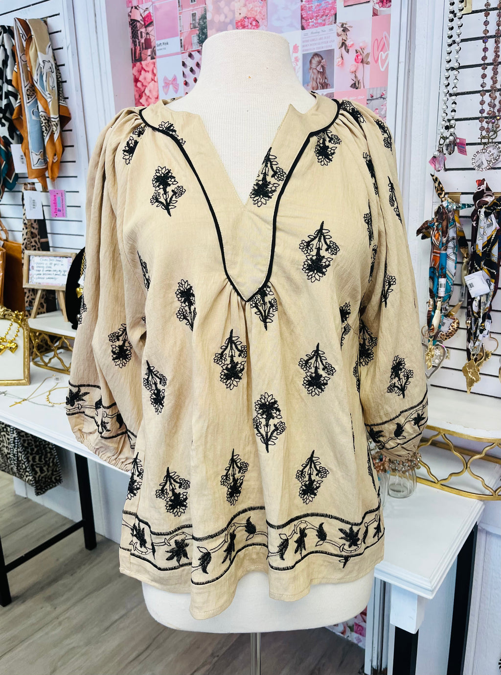 Caught Up In You Black Embroidered Floral Taupe Top