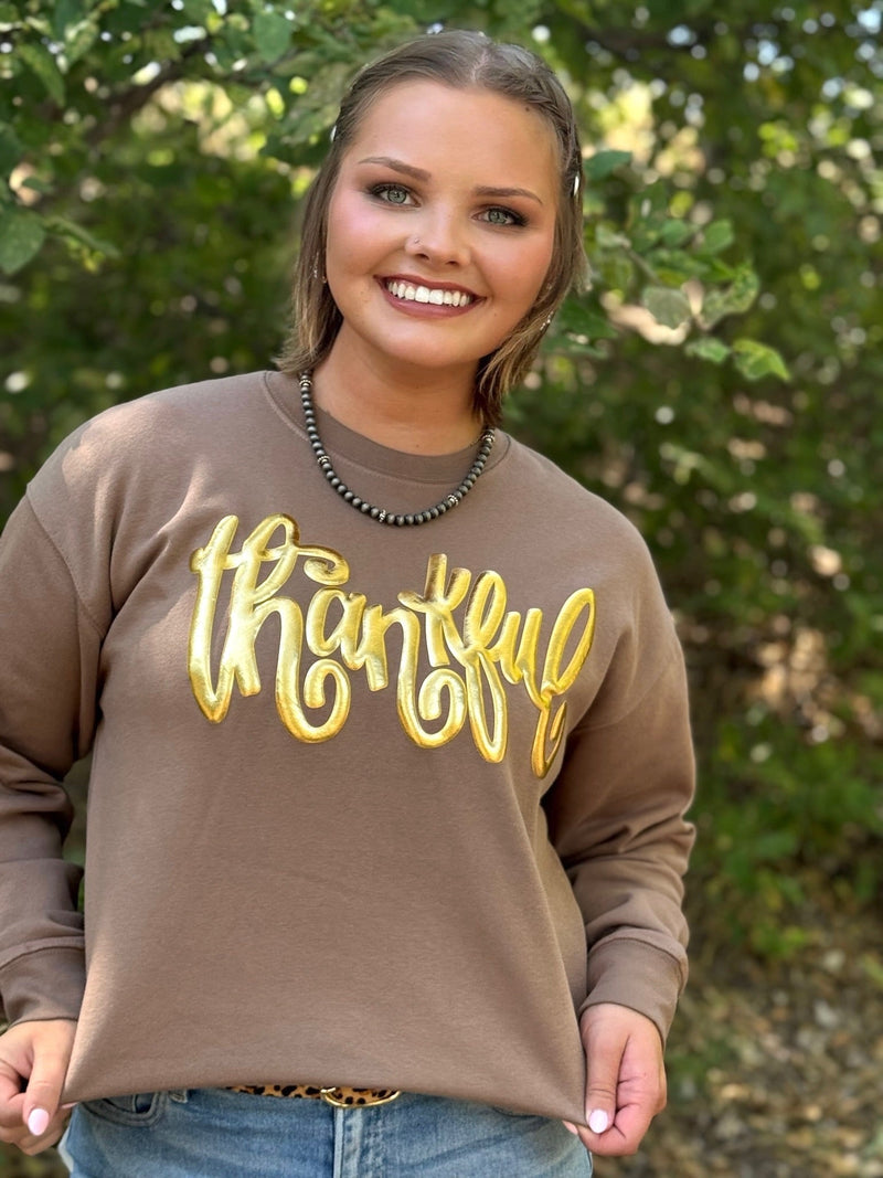 Thankful in Gold Metallic Puff Sweatshirt