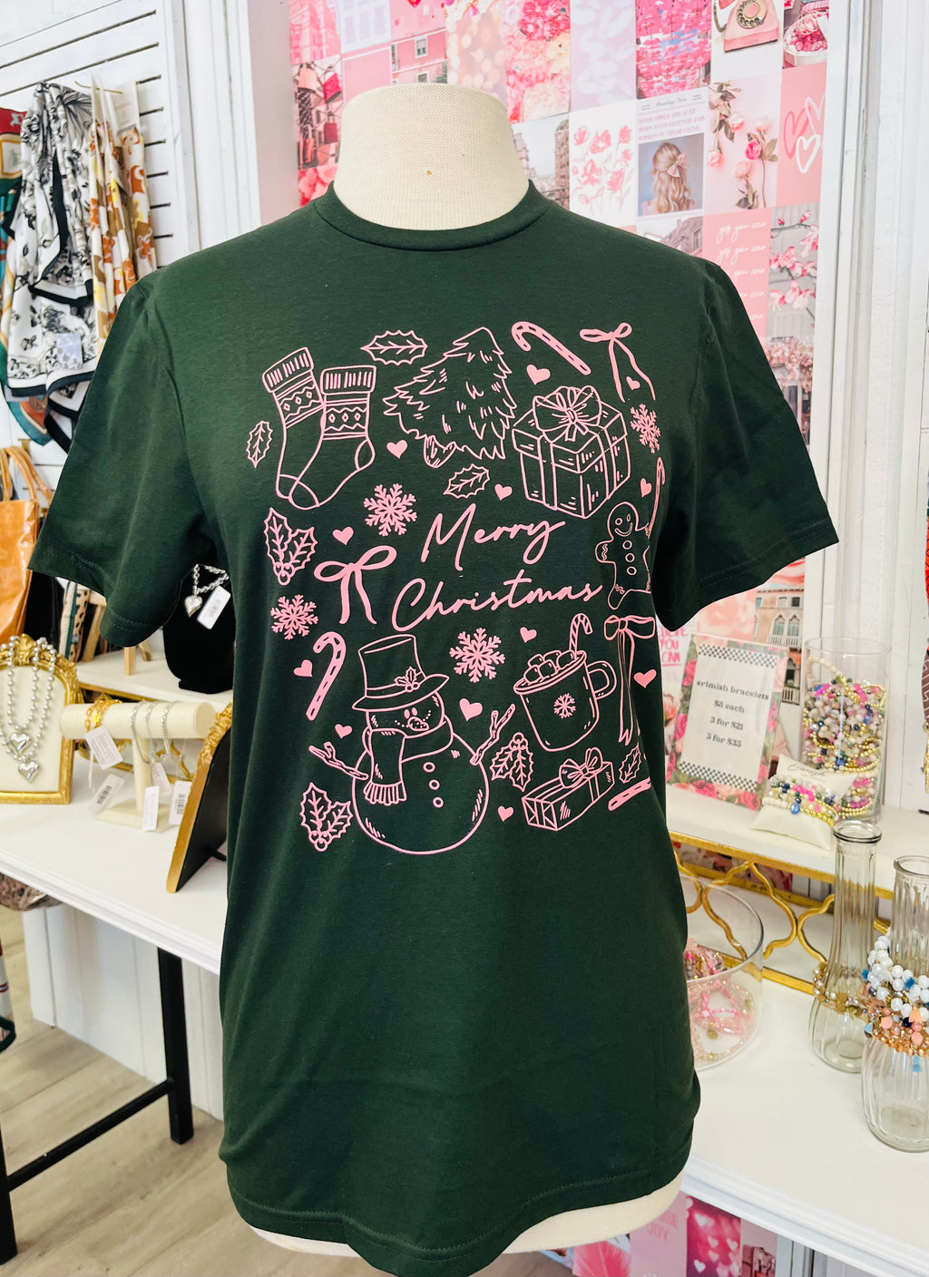 Merry Christmas Doodles Pink Green Tee
