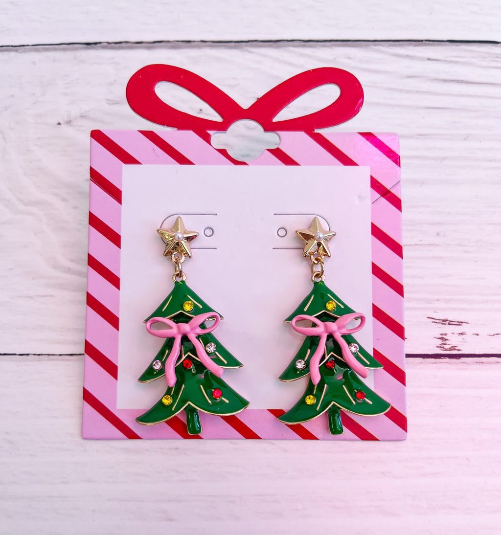 Classic Green Christmas Tree Gem & Bow Earrings
