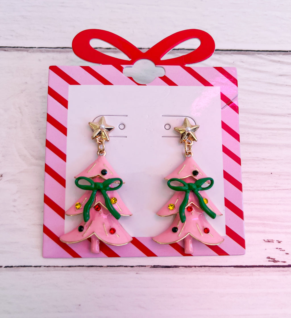 Pink Christmas Tree Gem & Bow Earrings