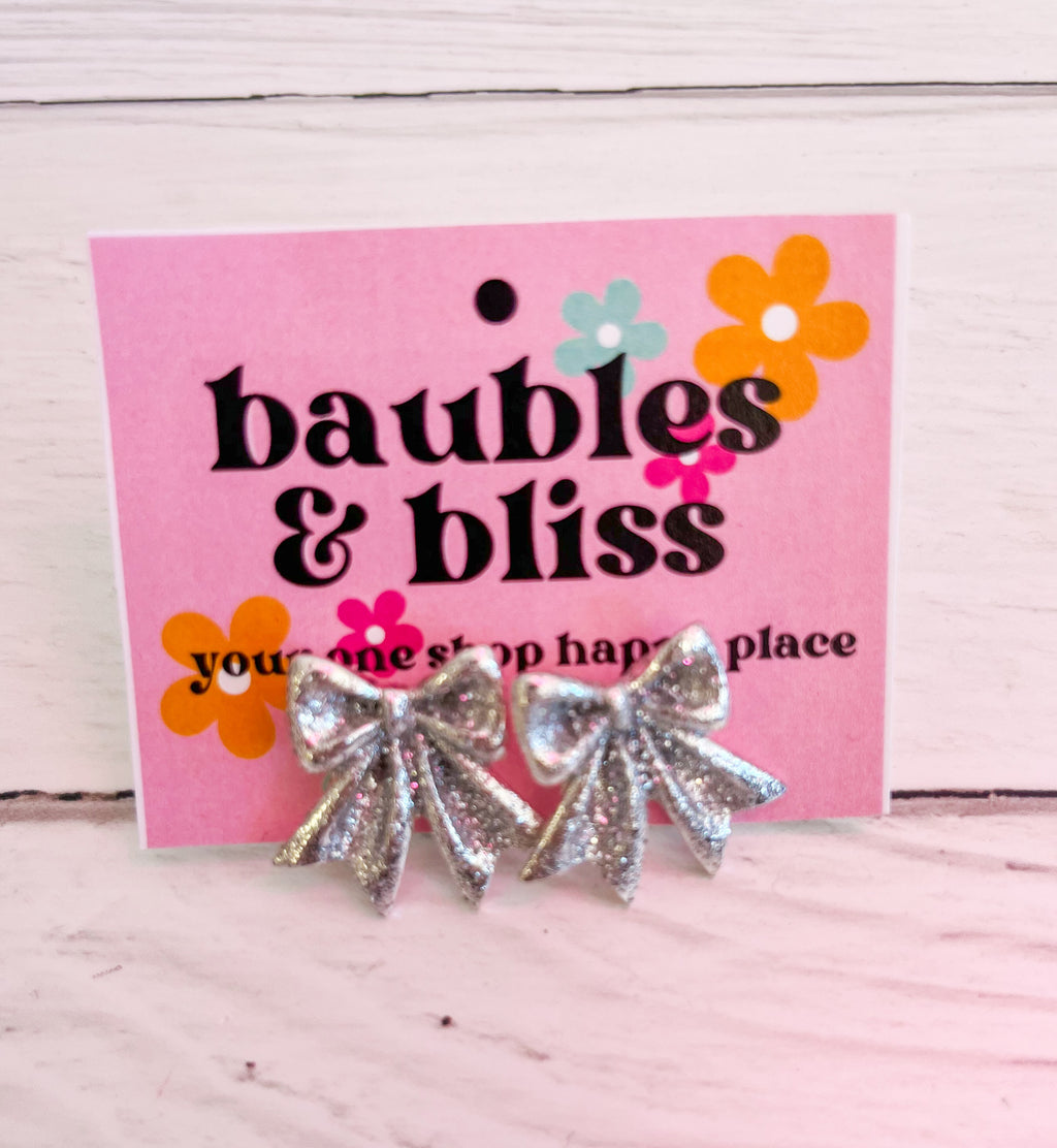 Silver Stunner Glitter Bow Stud Earrings
