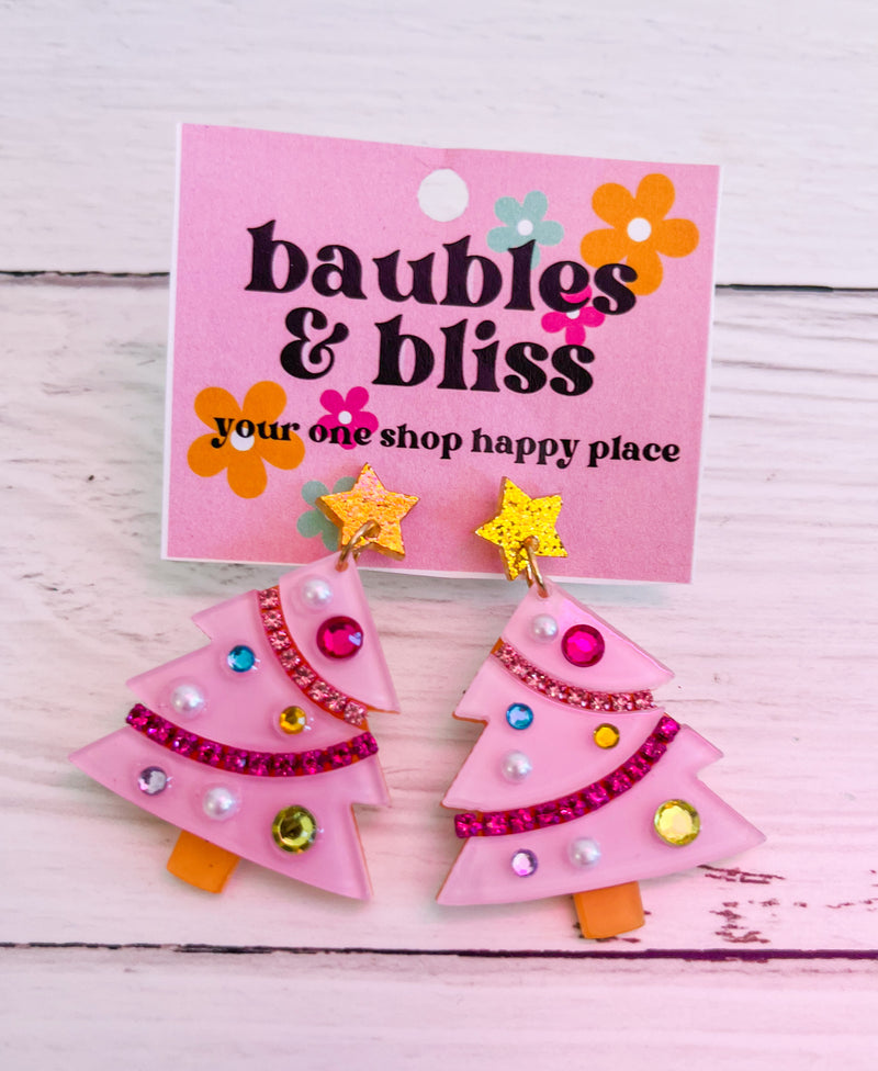 Merry Pinkmas Gem Tree Earrings