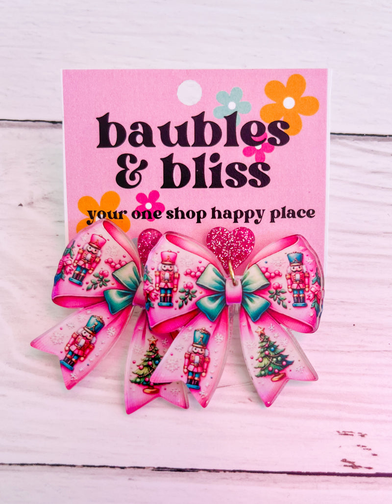 Nutcracker Bow Glitter Earrings