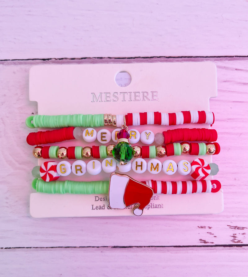 Merry Grinchmas Charm Beaded Bracelet Stack