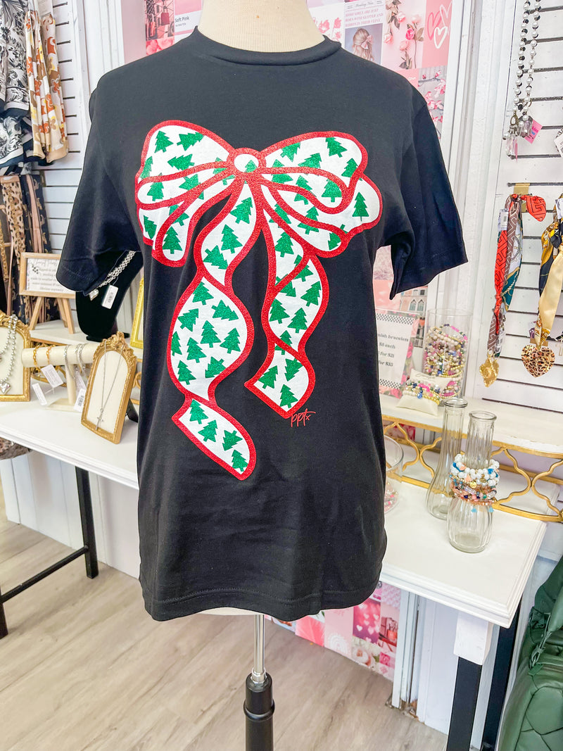 Christmas Tiny Trees Glitter Bow Tee