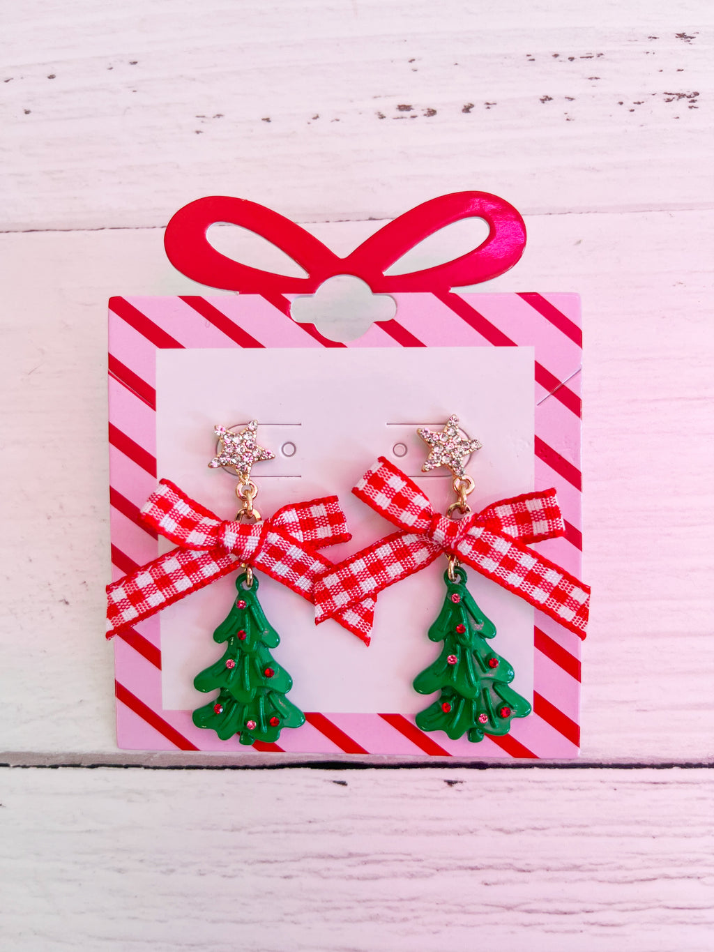 Gingham Bow Christmas Tree Earrings