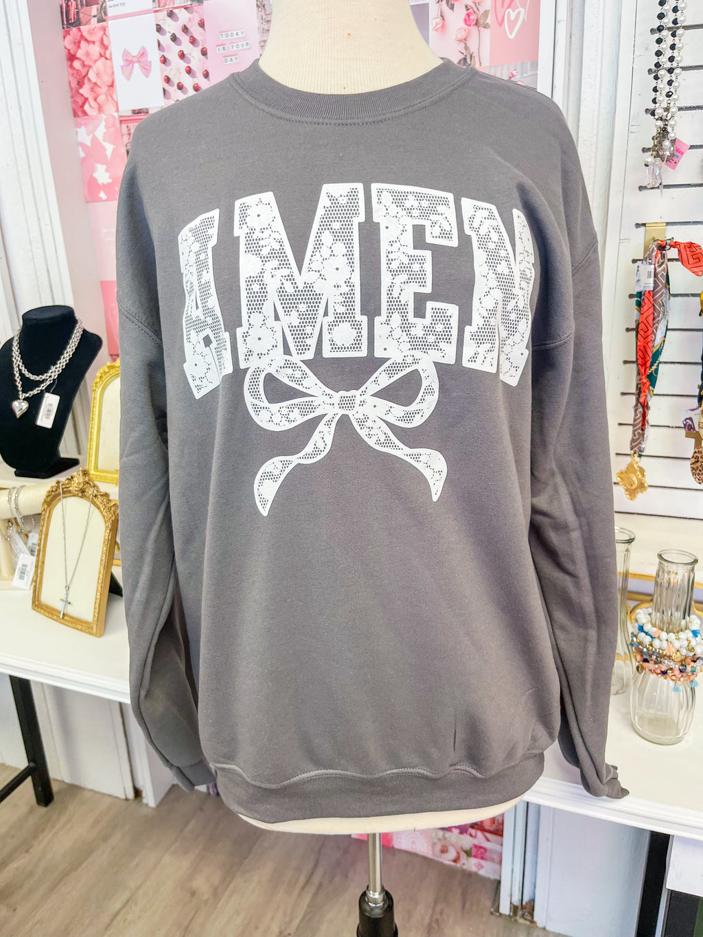 Amen Lace Bow Gray Sweatshirt