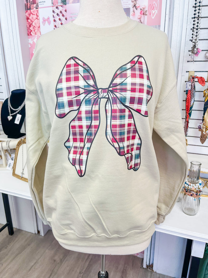 Christmas Plaid Bow Tan Sweatshirt