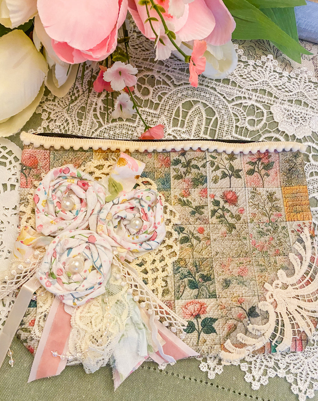 Creations By Kim - Patchwork Whimsy Adorned Makeup Bag One of A Kind