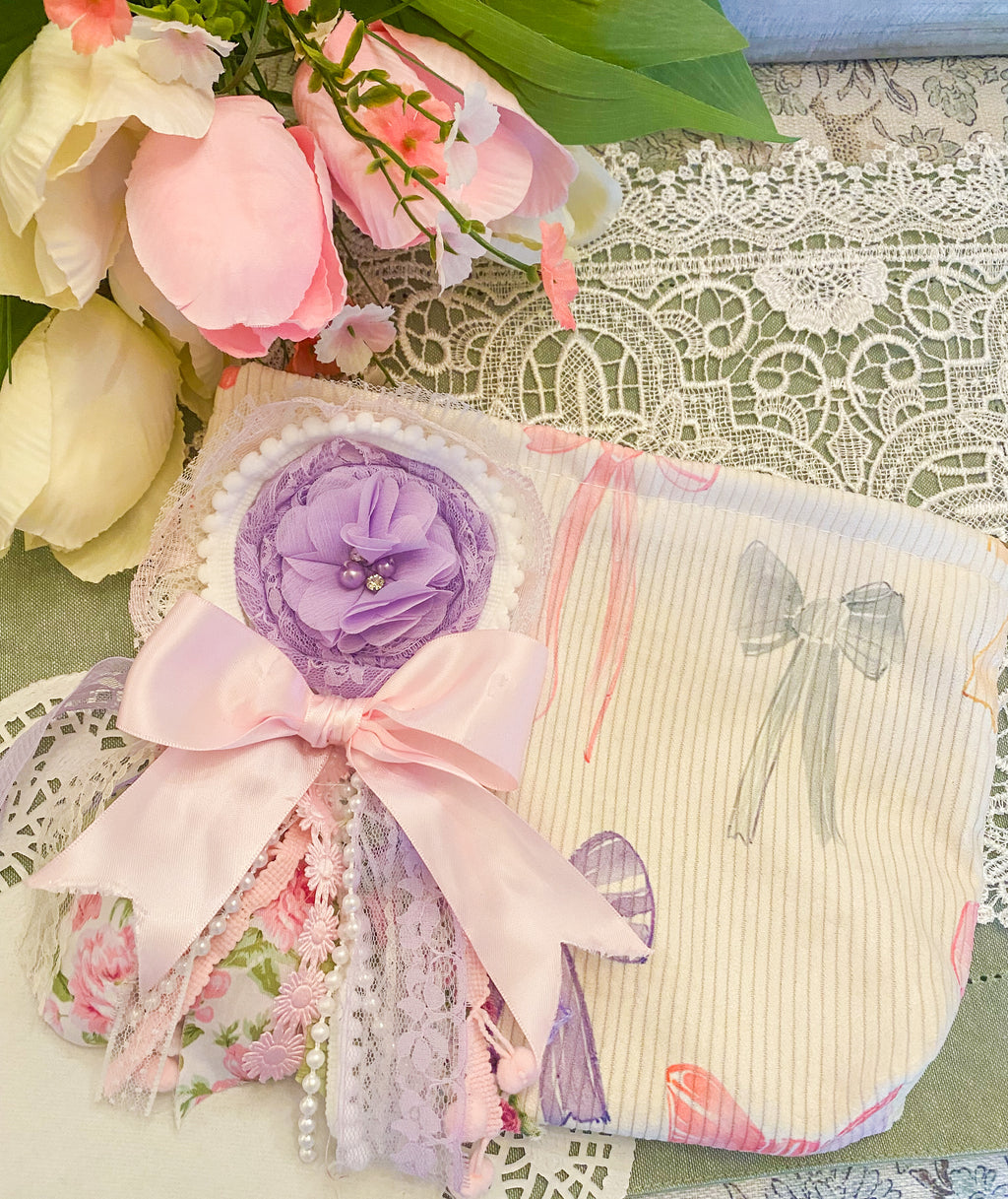 Creations By Kim - Beauty & Bows Adorned Makeup Bag One of A Kind