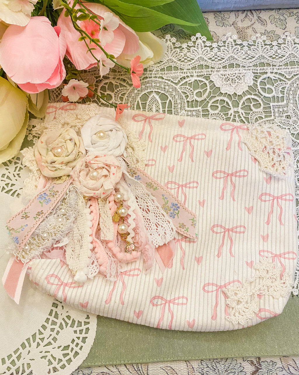 Creations By Kim - Feminine Frills Pink Bows Adorned Makeup Bag One of A Kind