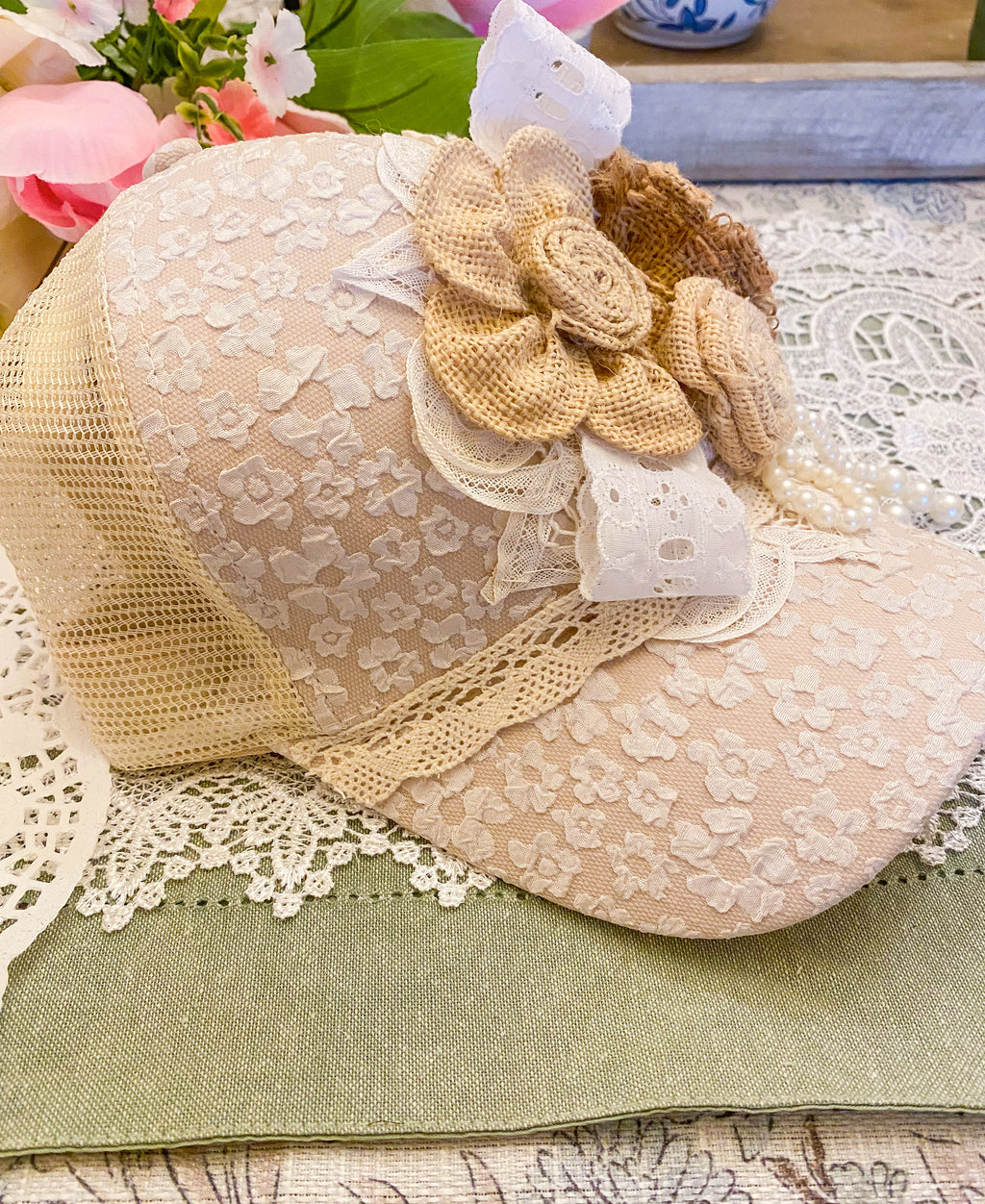 Creations By Kim - Vintage Glam Cream Lace Hat One of a Kind