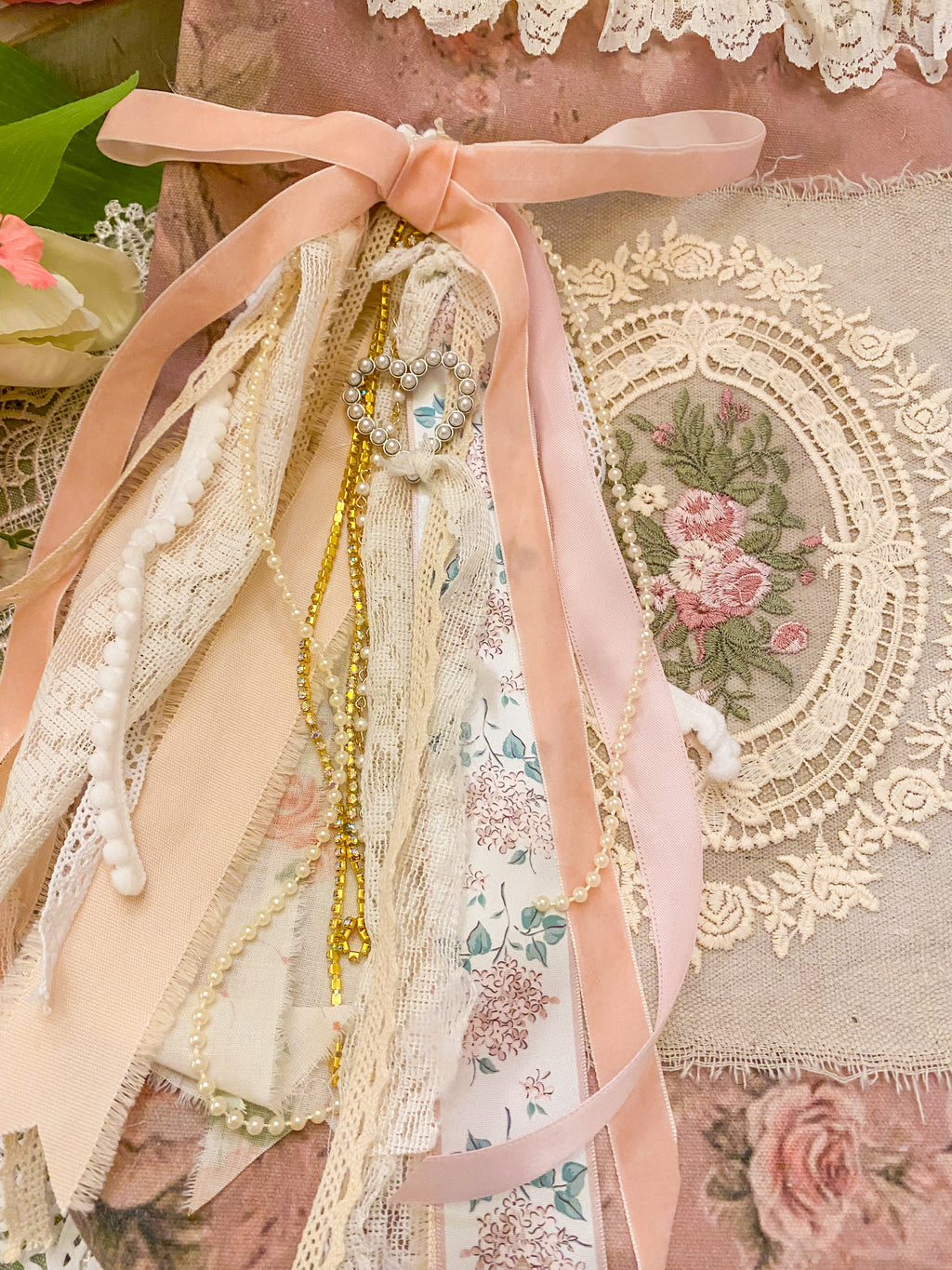Creations By Kim - Vintage Romance Mauve Floral Adorned Tote Bag One of a Kind