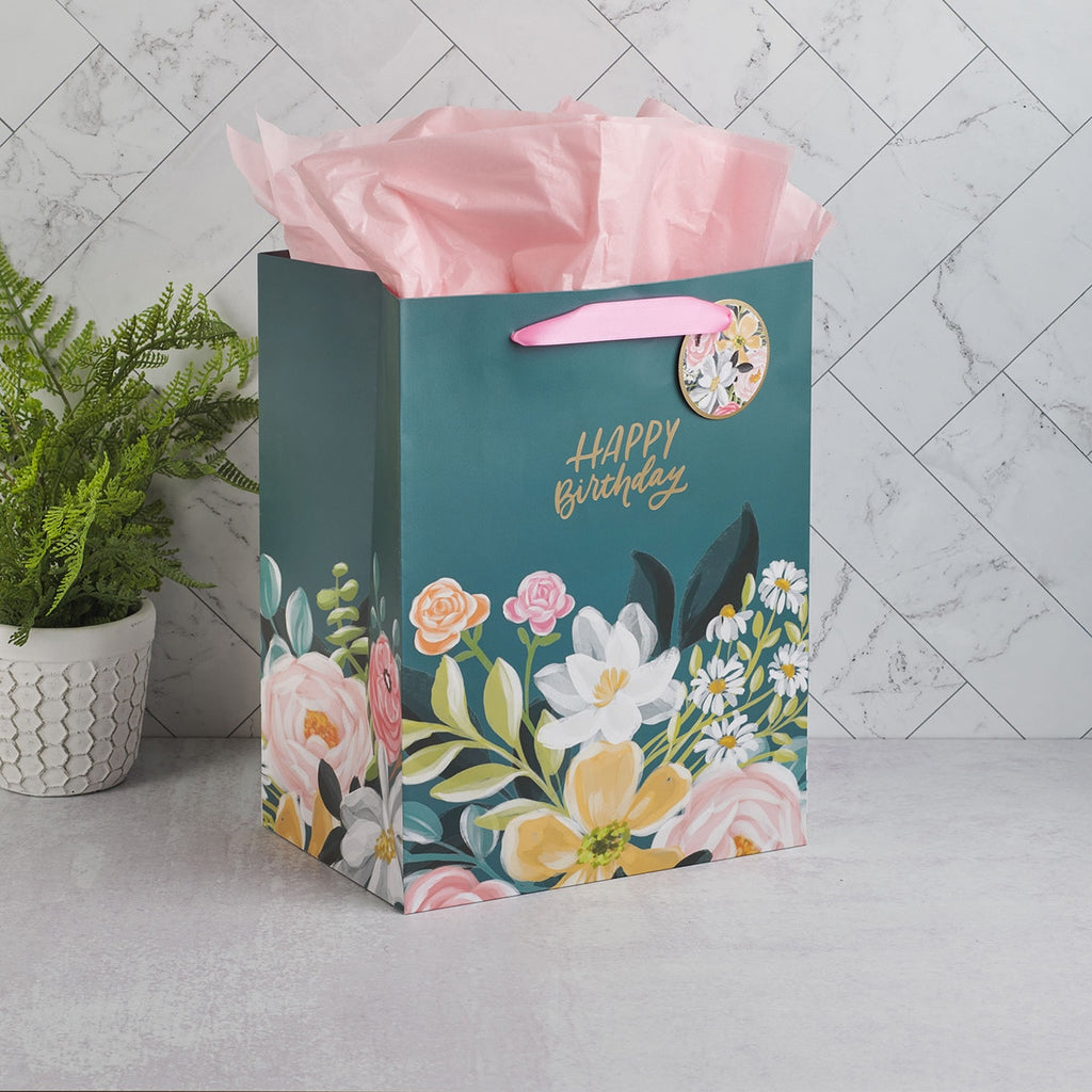 Gift Bag Lg Portrait Dark Floral Happy Birthday